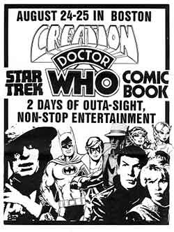 A black-and-white vintage-style comic book cover parody advertising a 'Creation Doctor Who Comic Book' event in Boston on…