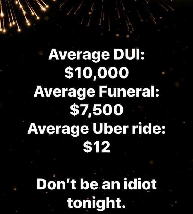 A black background with golden fireworks in the top left corner displays white text comparing costs: 'Average DUI: $10,000'…