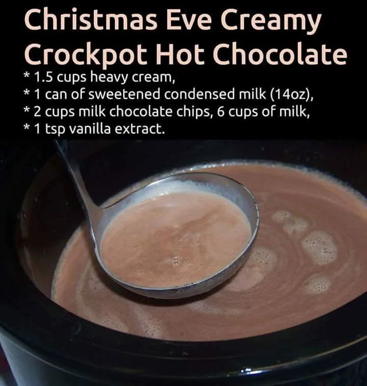 A close-up photo shows a ladle scooping thick, creamy brown hot chocolate from a black crockpot. Overlaid text lists a…
