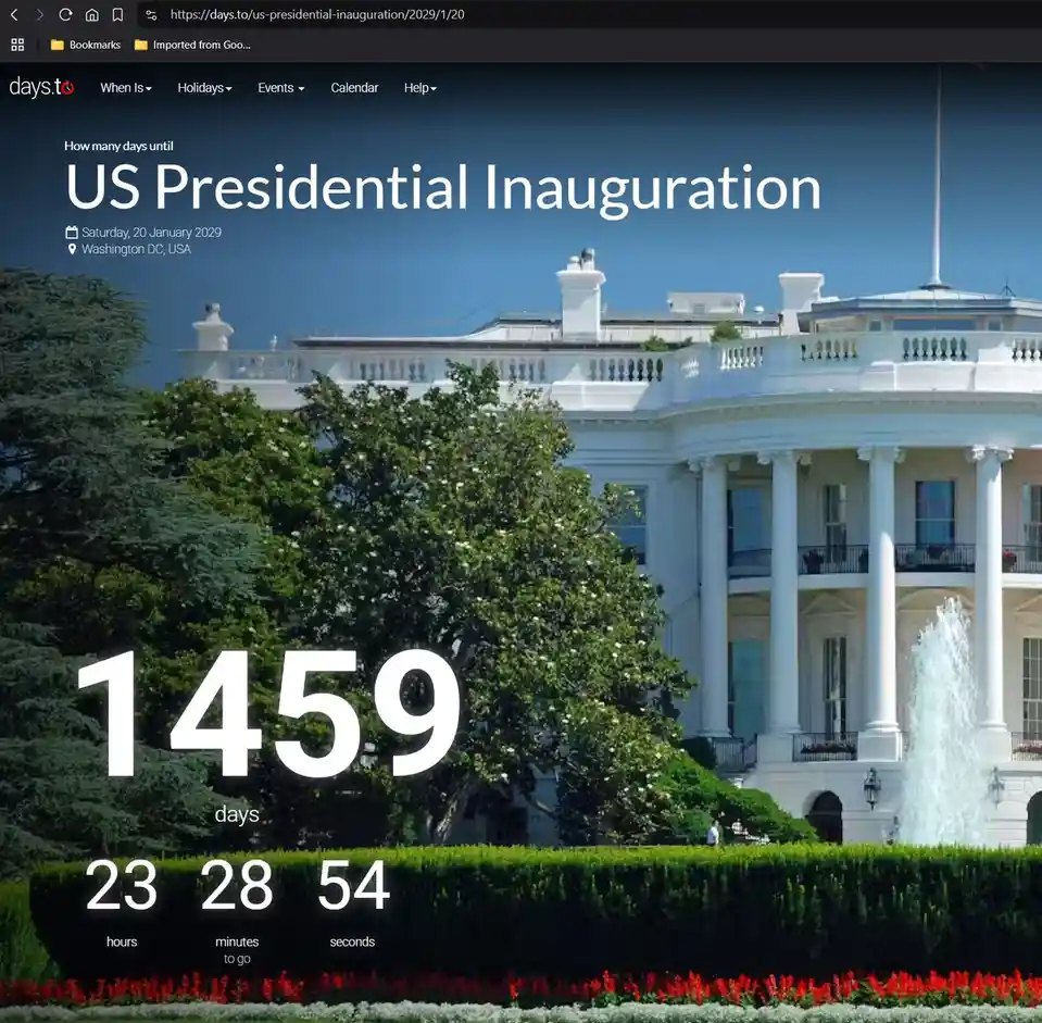 A screenshot of the 'days.to' website showing a countdown timer for the 'US Presidential Inauguration' set for January 20…