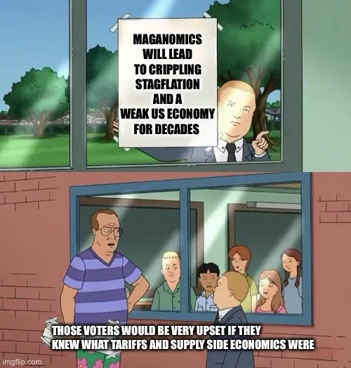 The image is a two-panel meme from the animated show 'King of the Hill'. In the top panel, a man in a suit points from a…