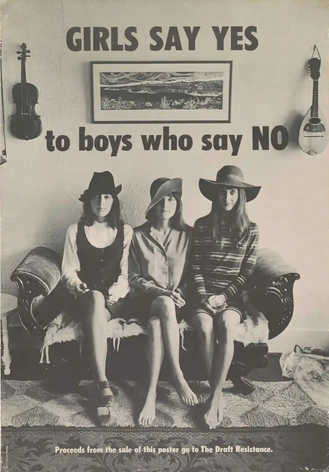 A vintage black-and-white poster shows three women in hats sitting on a couch, with a violin and mandolin hanging on the…