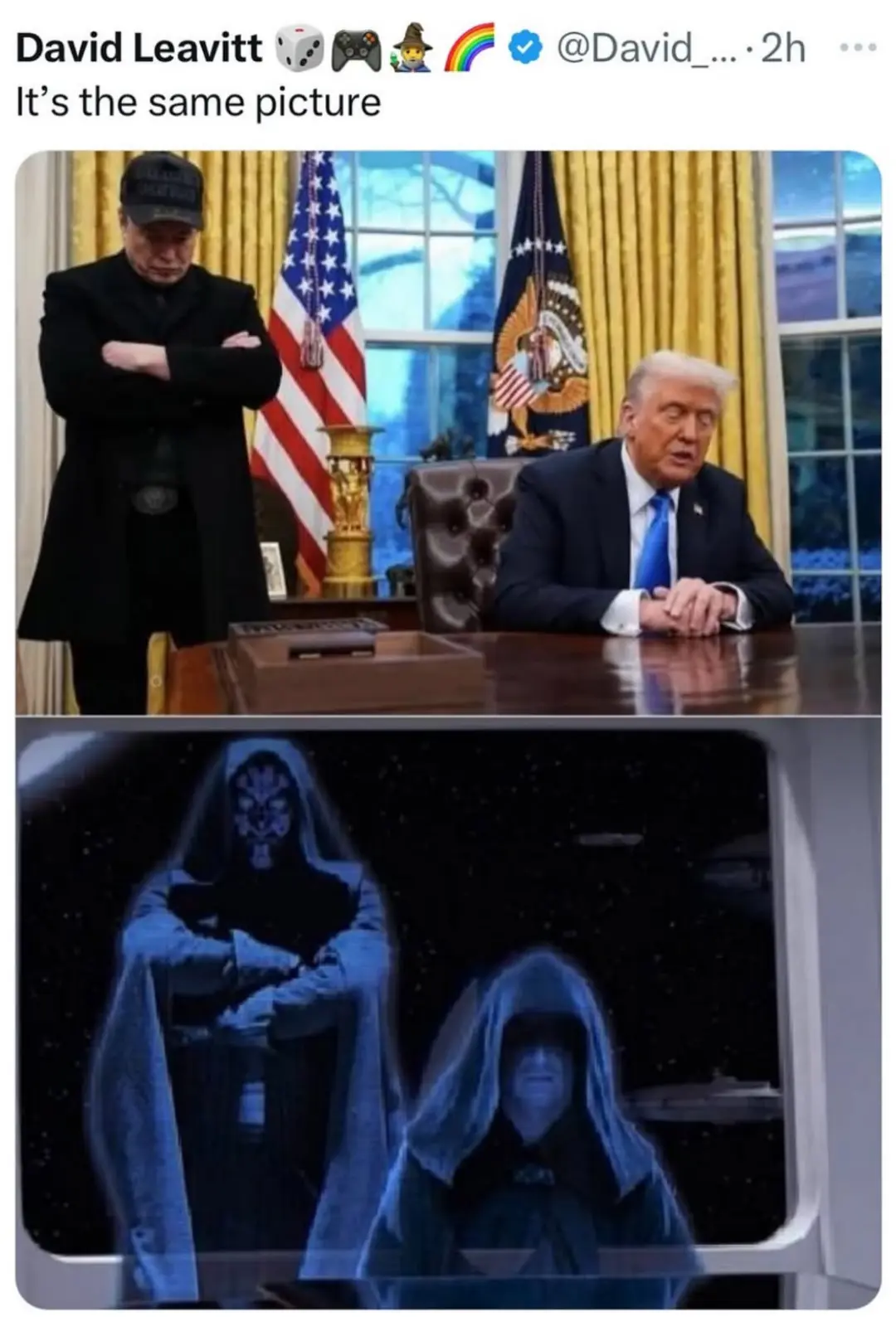 The top panel shows Donald Trump seated at a desk in the Oval Office, with a man in a black coat and cap standing beside him…