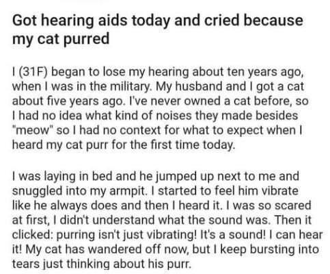A text-based image shows a personal story where a woman (31F) who lost her hearing in the military, after getting hearing…