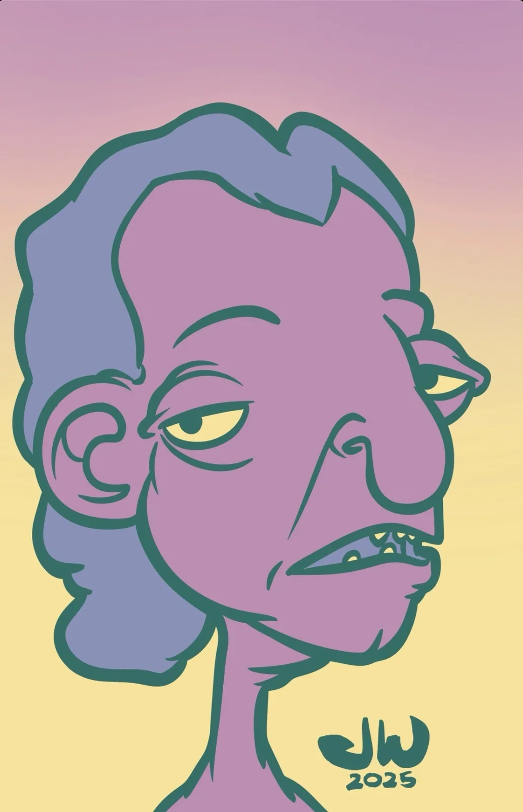 A stylized cartoon portrait of a person with purple skin, blue hair, and a grumpy, skeptical expression, set against a…