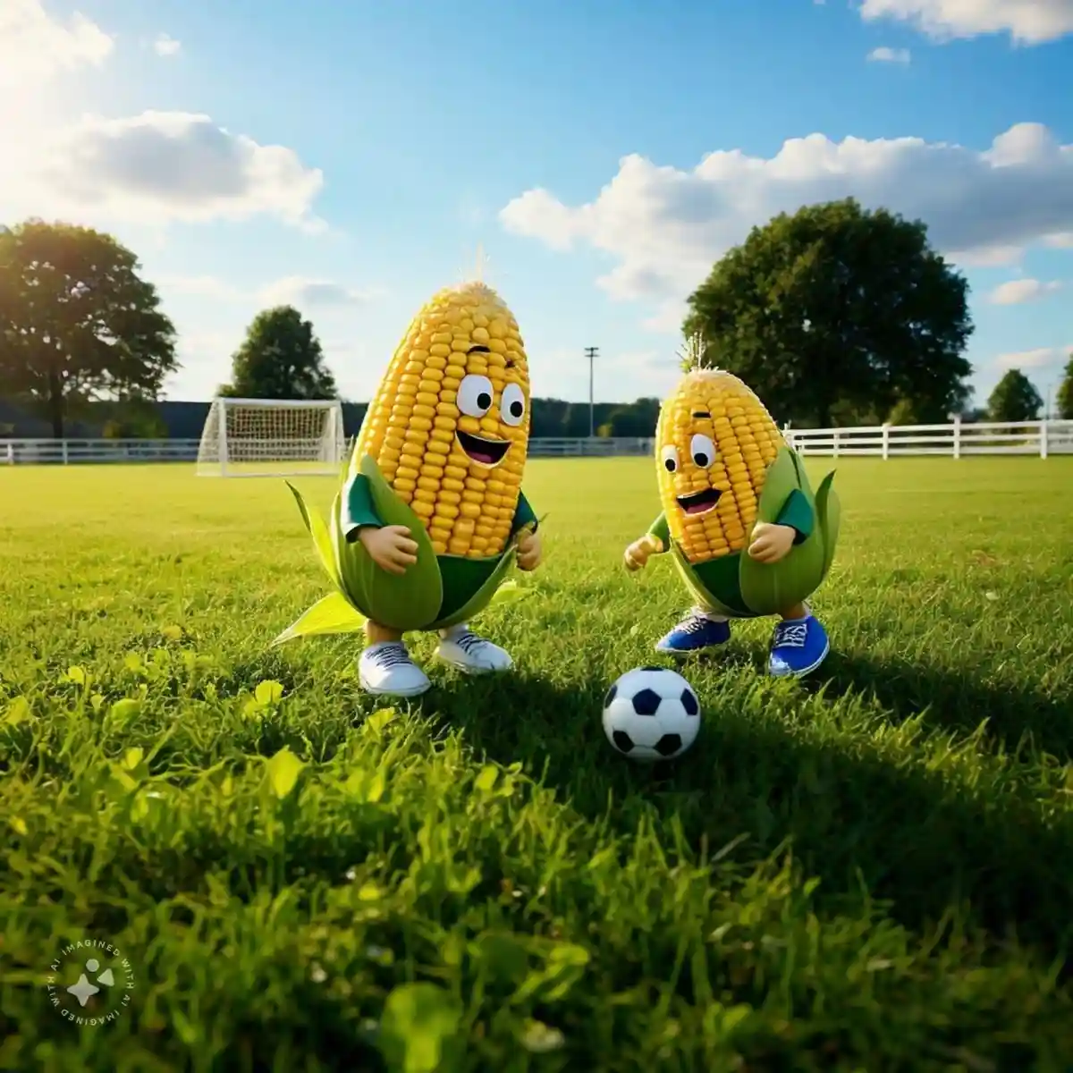 Two anthropomorphic corn cobs wearing green jerseys and sneakers play soccer on a grassy field with a goal in the…