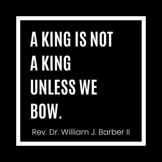 A black square image with a white border contains white text that reads 'A KING IS NOT A KING UNLESS WE BOW.' followed by…