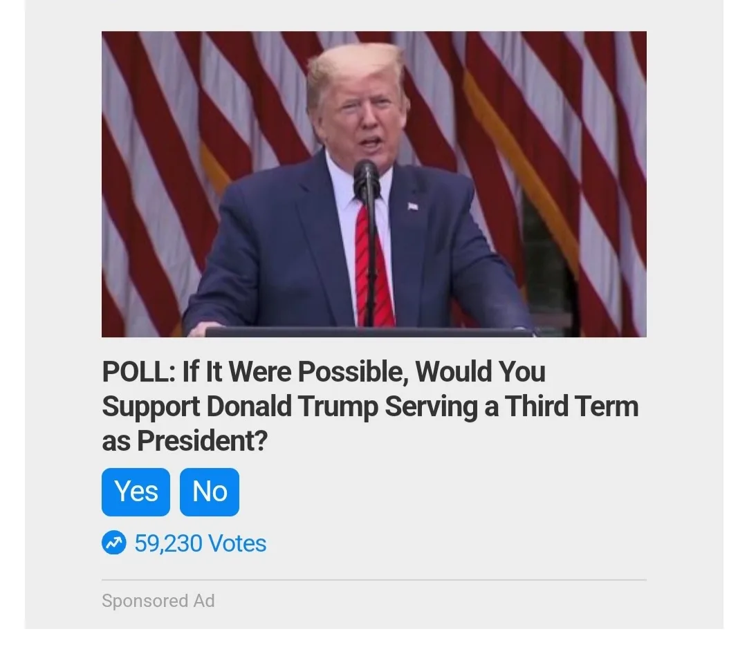 A screenshot of a social media poll overlaying an image of Donald Trump speaking at a podium in front of American flags. The…