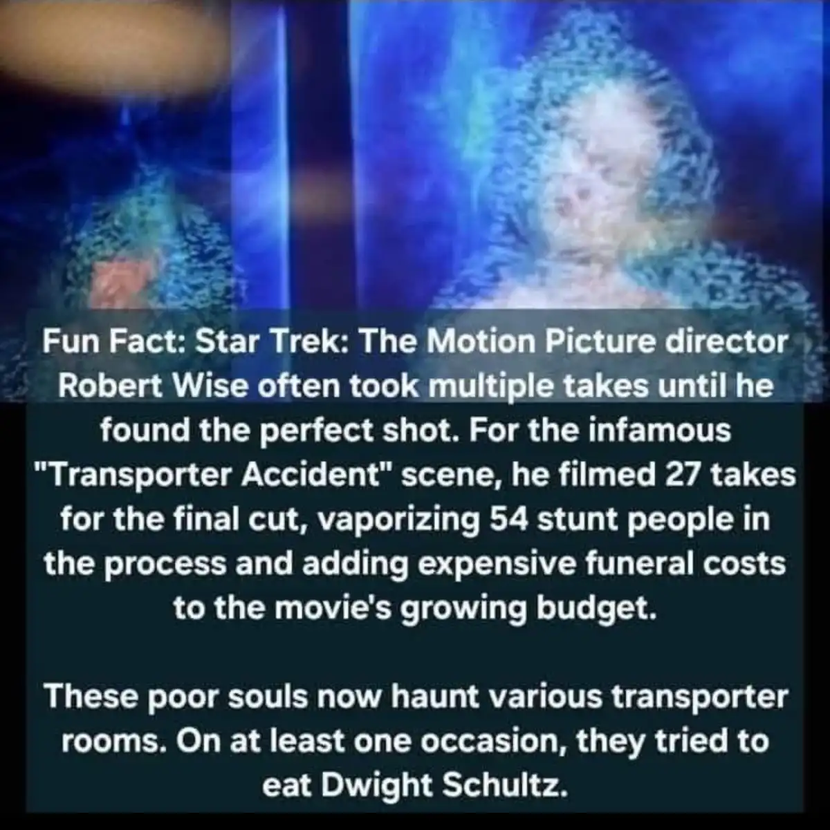 The image shows a blurry, blue-tinted scene from Star Trek: The Motion Picture, featuring a ghostly, translucent figure in a…