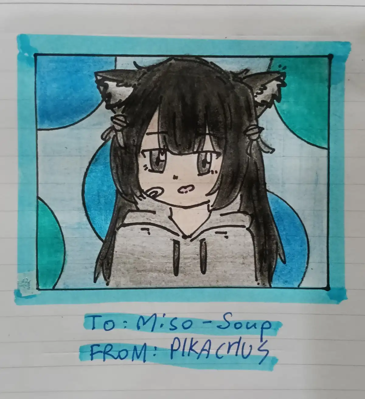 A hand-drawn anime-style girl with cat ears and dark hair, wearing a hoodie, is depicted in a blue watercolor background on…
