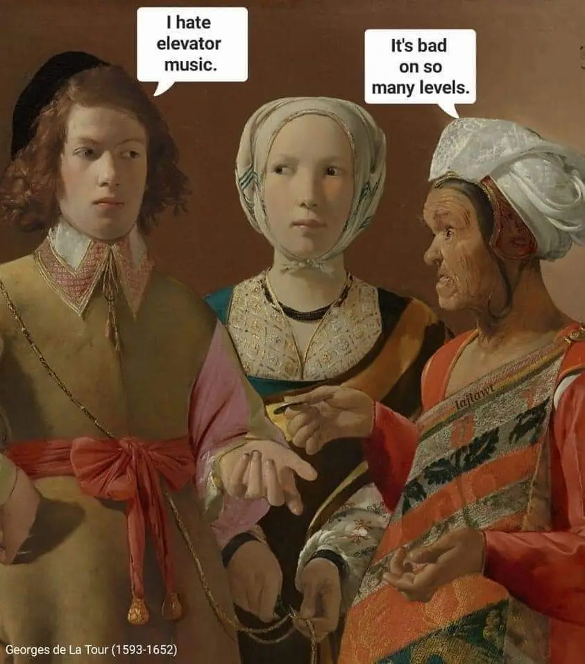 A classical painting by Georges de La Tour featuring three figures in 17th-century attire, overlaid with speech bubbles: one…