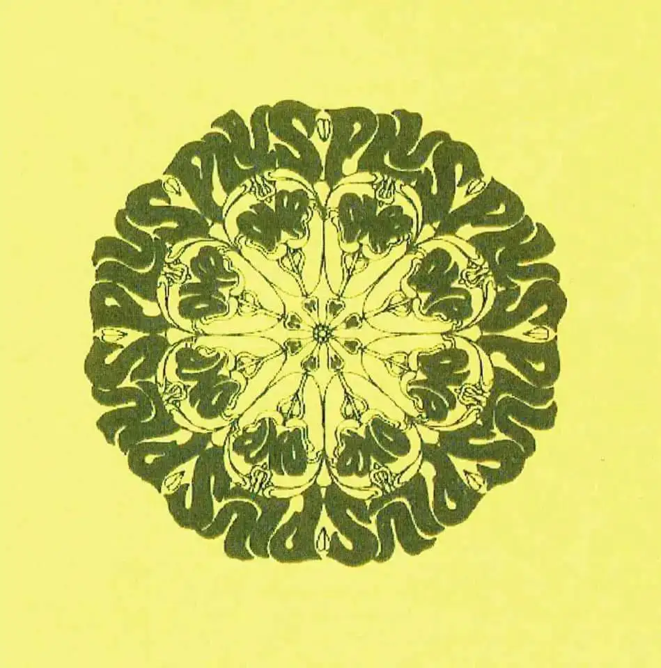 A symmetrical, intricate green mandala-like pattern on a pale yellow background, with the overlaid text 'i'm not a fan of…