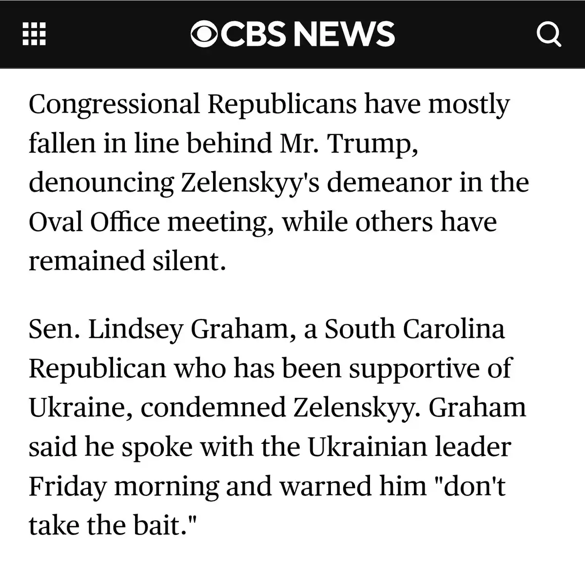 A screenshot of a CBS News article excerpt discussing how some Republican senators, including Lindsey Graham, condemned…