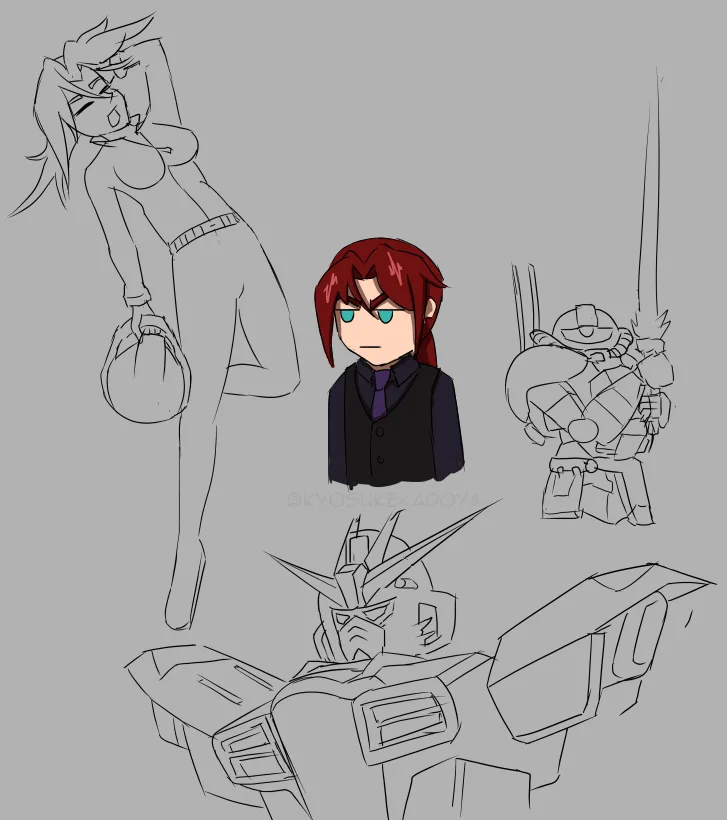 A grayscale sketch compilation shows four anime-style characters: a woman in a revealing outfit holding a bag, a red-haired…