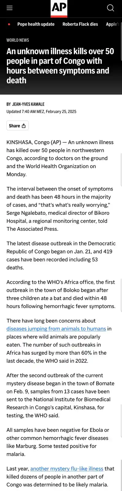 A screenshot of an Associated Press news article from February 25, 2025, reporting on a deadly unknown illness in Congo. The…