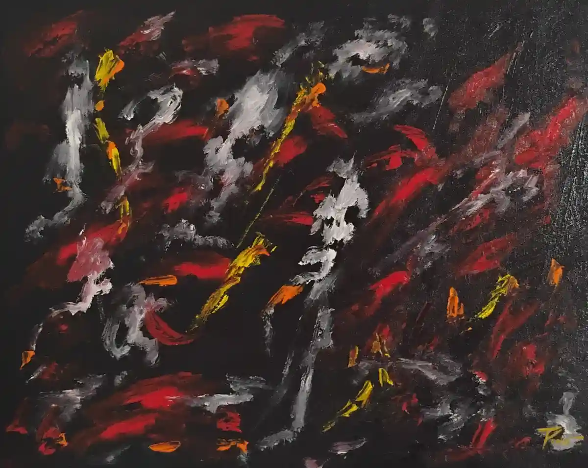 An abstract painting with chaotic brushstrokes of red, white, gray, and yellow against a black background, signed 'Pino' in…