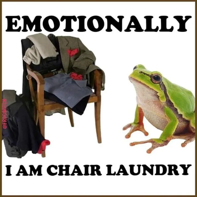 A wooden chair is piled high with various clothes, including jackets and pants, while a green tree frog sits to the right…