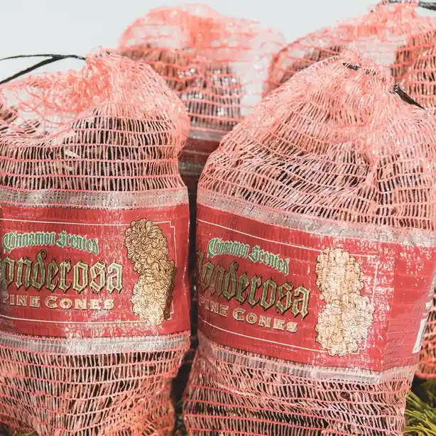 Several large sacks filled with pine cones, each wrapped in a red mesh net and labeled with a vintage-style red sticker that…