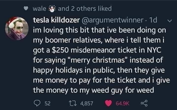 A screenshot of a tweet by 'tesla killdozer' with a profile picture of the Joker wearing a Santa hat. The tweet humorously…