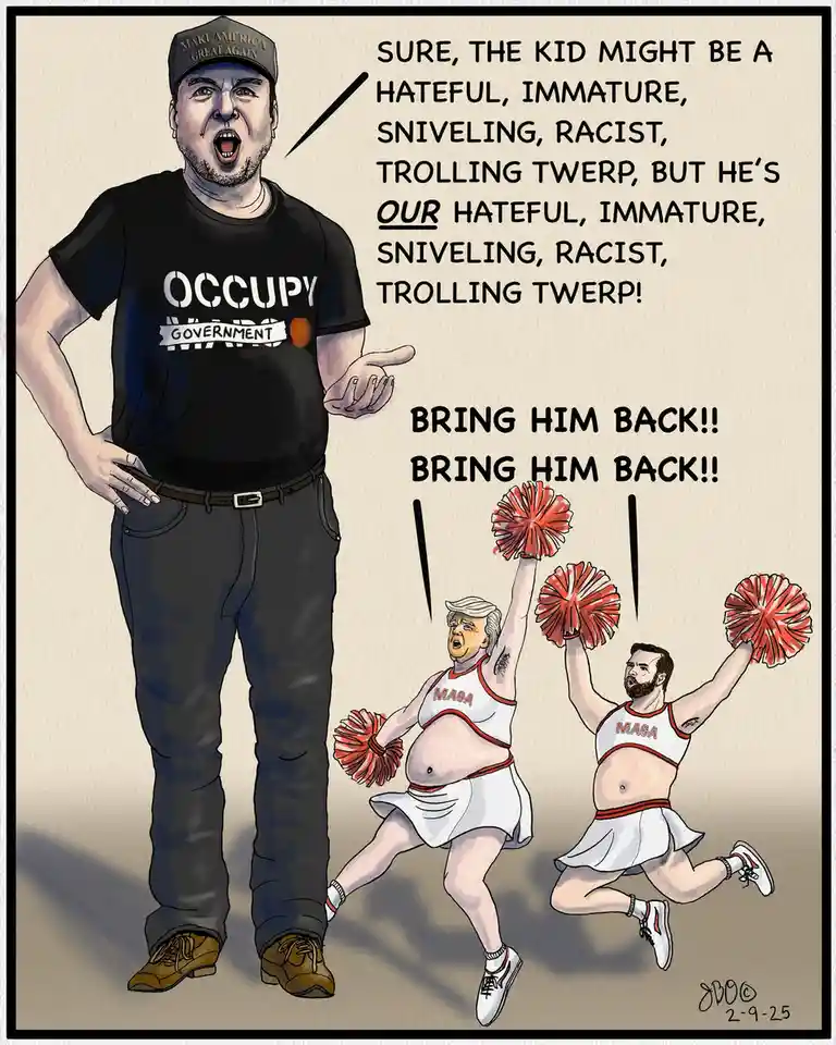 A cartoon depicts a man in a 'Make America Great Again' cap and an 'Occupy Government' t-shirt shouting at two cheerleaders…