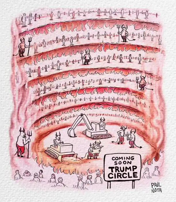 A cartoon depicts a multi-tiered hell with rows of souls and demonic guards. In the lowest, central circle, devils operate…