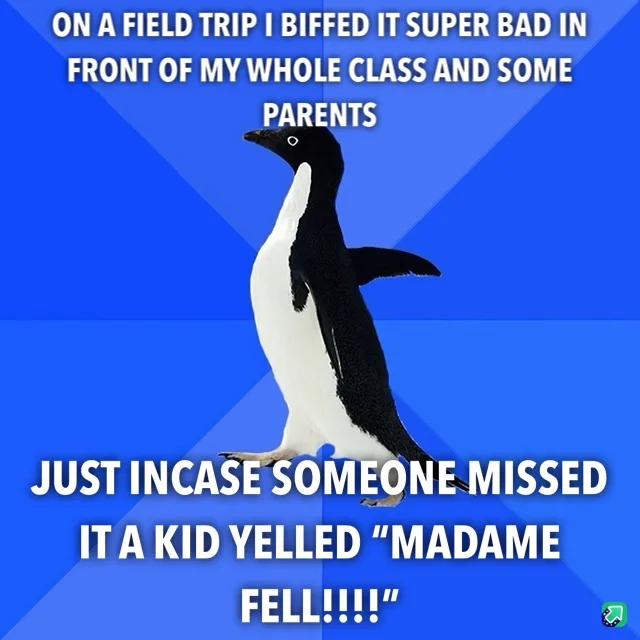 A black-and-white penguin stands against a blue background with white text overlaid. The text reads: 'ON A FIELD TRIP I…