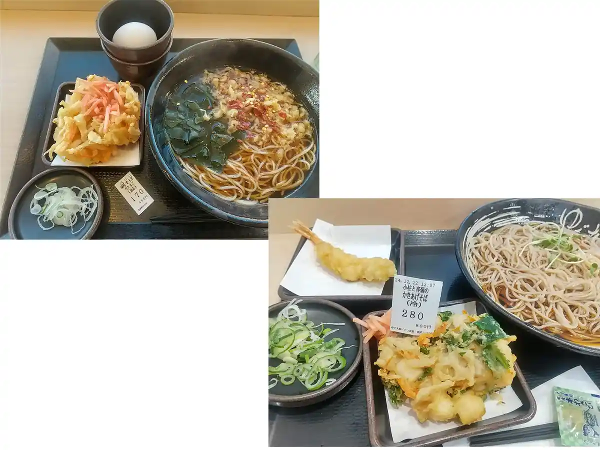 Two Japanese soba noodle meals are shown side-by-side, each with a price tag. The top meal features a hot bowl of soba with…