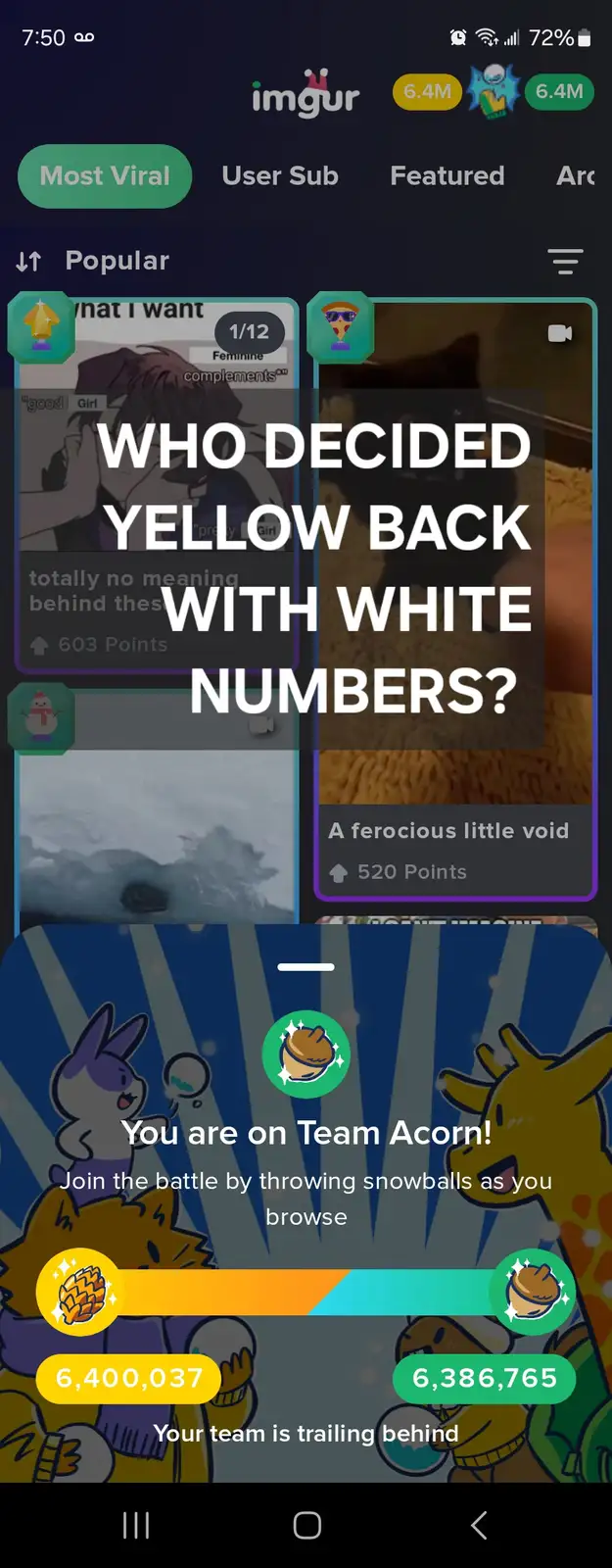 An Imgur app screenshot shows a 'Team Acorn' battle overlay with a yellow team score of 6,400,037 and a green team score of…