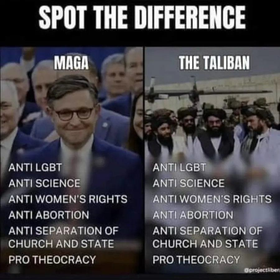 The image is a 'spot the difference' meme comparing two panels. The left panel shows a photo of a man labeled 'MAGA' with a…
