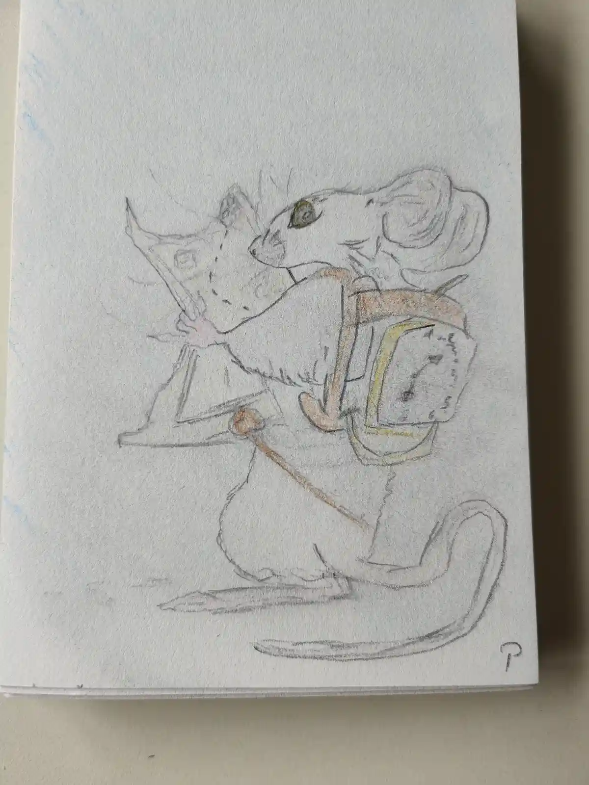 A hand-drawn sketch on textured paper shows an anthropomorphic mouse wearing a backpack and holding a sword, with a faint…