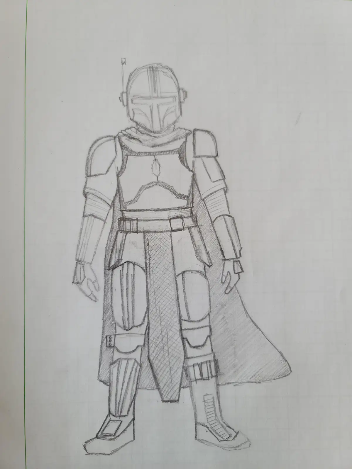 A pencil sketch on graph paper depicts a full-body figure in Mandalorian armor, complete with helmet, chest plate, belt, and…
