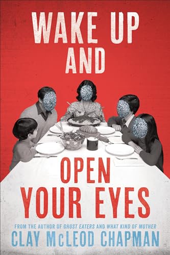 A book cover with a red background and white tablecloth, showing five people seated around a dining table with plates and…