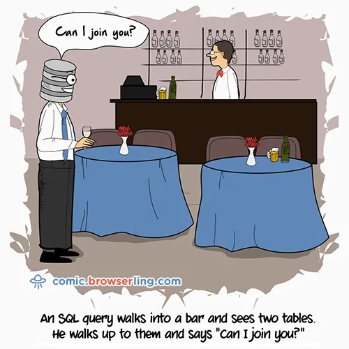 A cartoon depicts a person with a stack of disks for a head standing at a bar, asking "Can I join you?" The bar has two…