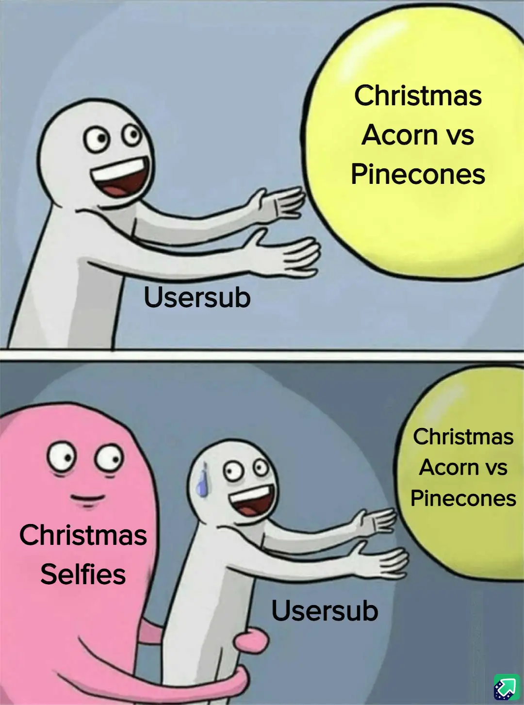 The image shows a two-panel meme featuring a white stick figure labeled 'Usersub' reaching toward a yellow speech bubble…