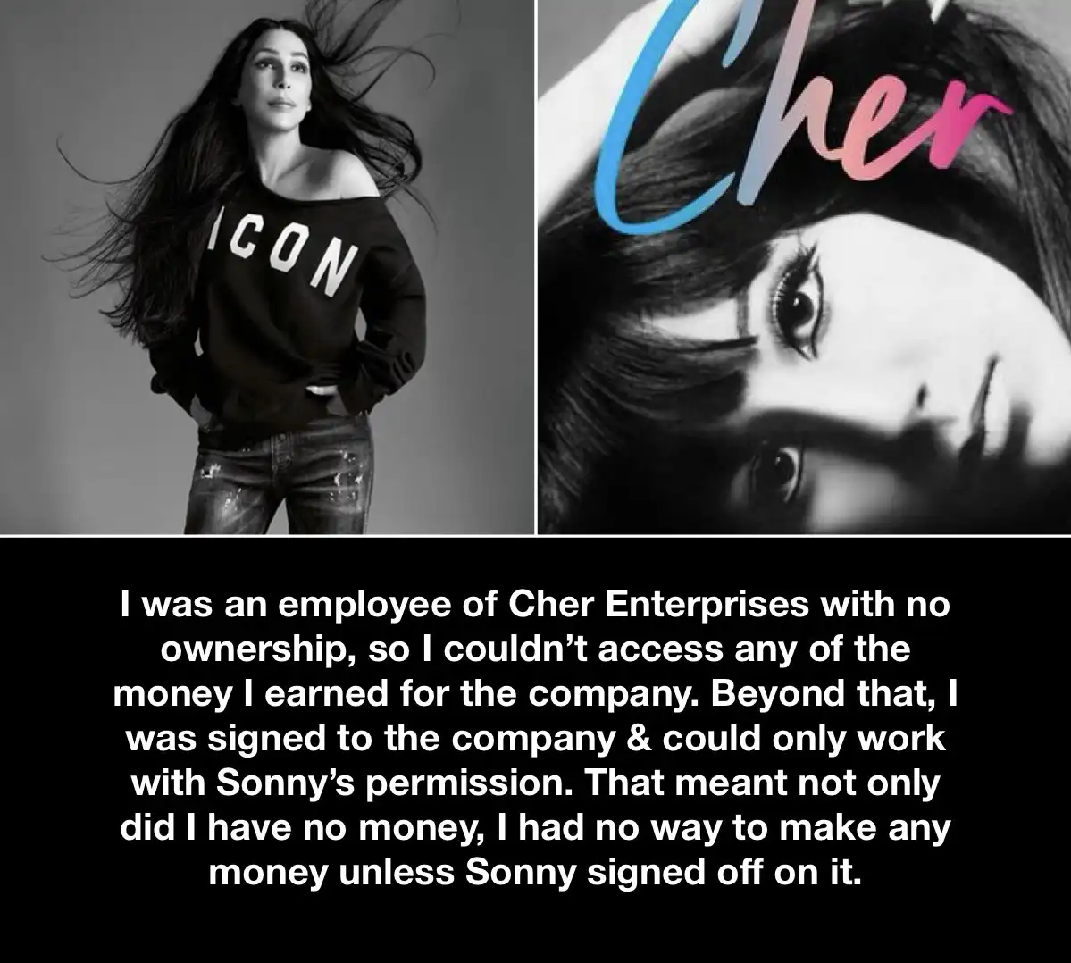 The image is split into two black-and-white photos: on the left, Cher wearing a black 'ICON' sweatshirt with her hair…