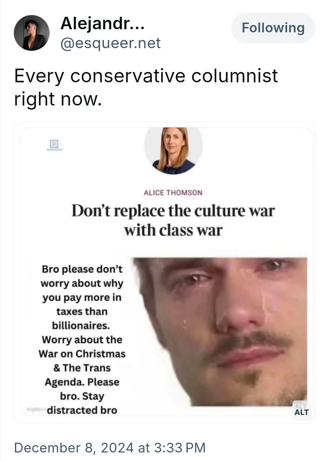 A screenshot of a tweet by user Alejandr... (@esqueer.net) shows a news article by Alice Thomson titled 'Don't replace the…