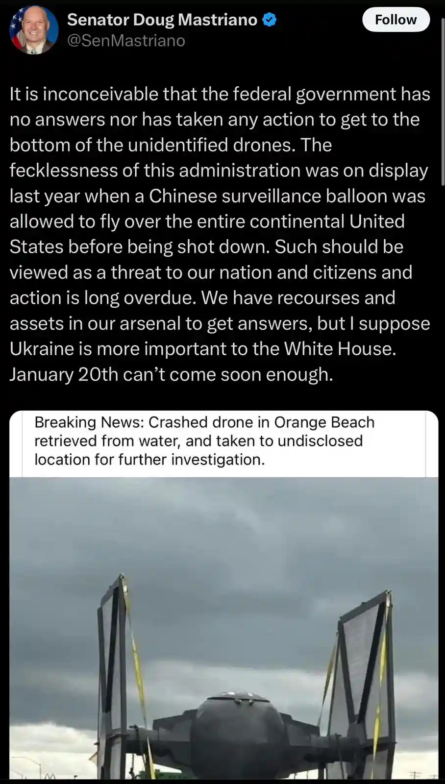 A screenshot of a tweet by Senator Doug Mastriano criticizing the federal government's response to unidentified drones…