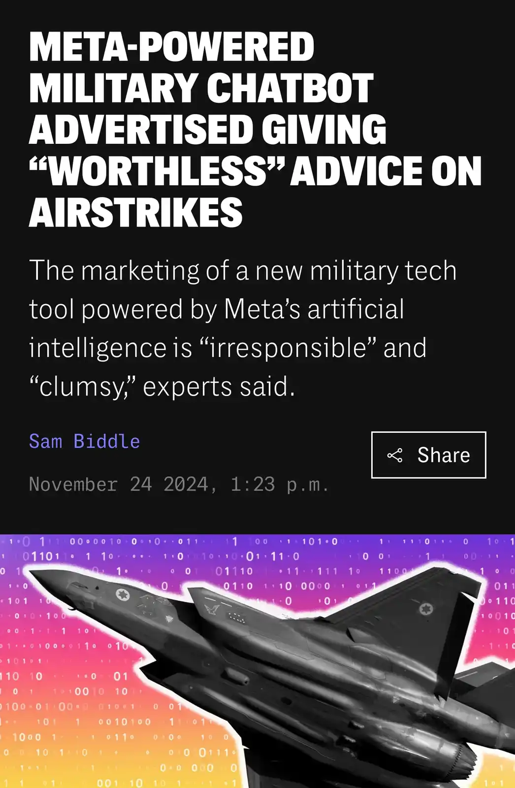 The image displays a mock news article with a black background and white text, featuring a headline about a 'Meta-powered…