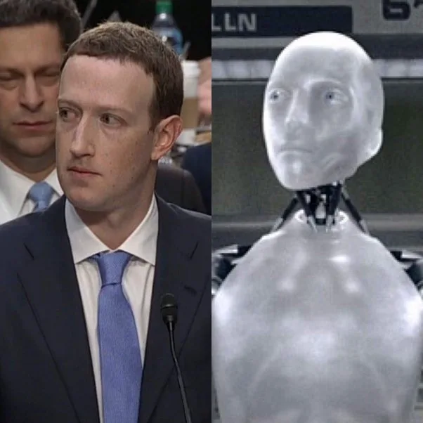 The image is a split-screen meme. On the left, Mark Zuckerberg is shown in a suit looking sideways with a skeptical…