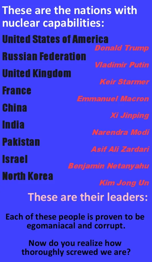 A blue background lists nuclear-capable nations with their leaders' names in red text beside them. The text claims all…