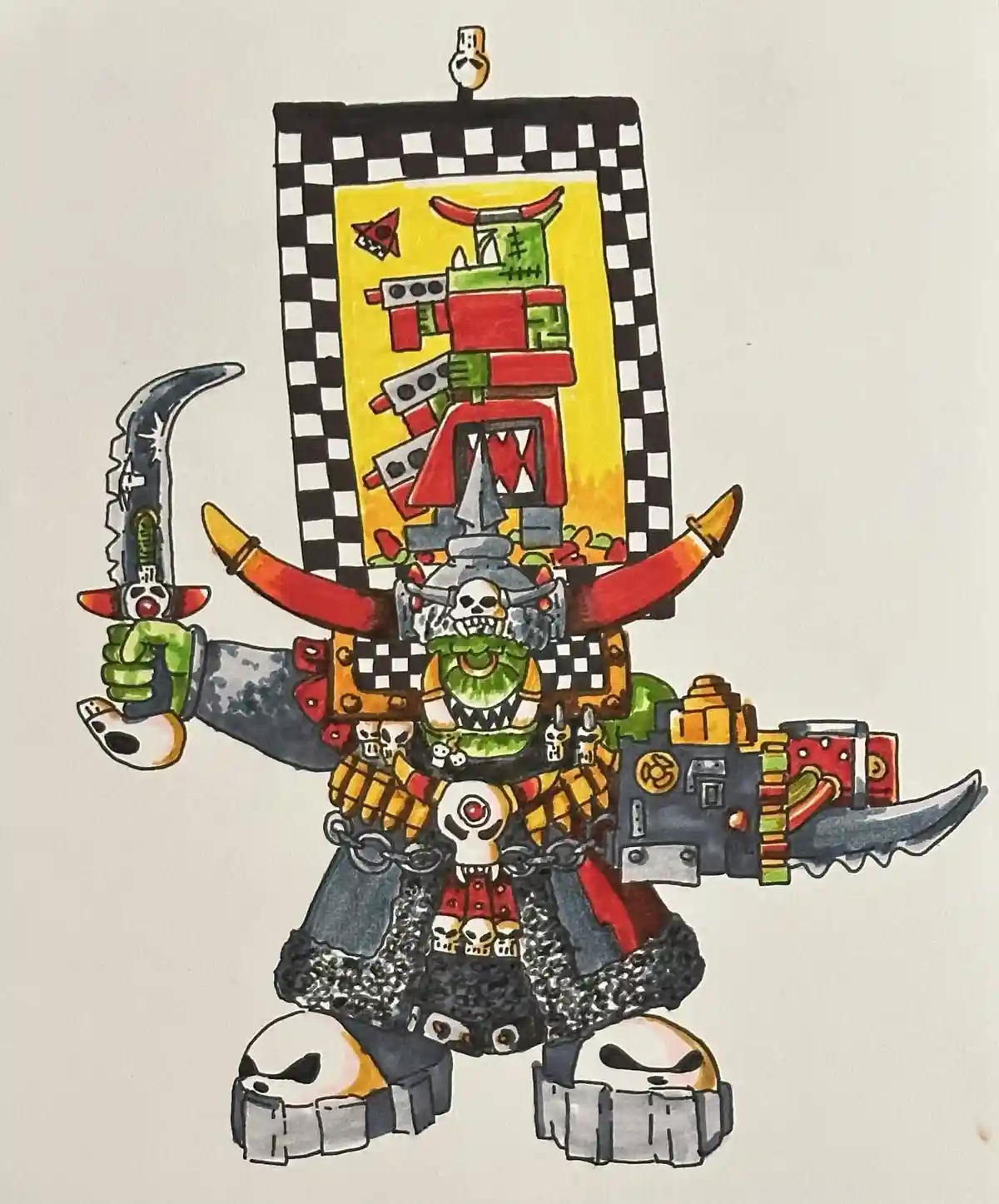 A hand-drawn, colorful illustration of a heavily armored, green-skinned, horned warrior with a skull helmet, wielding a…