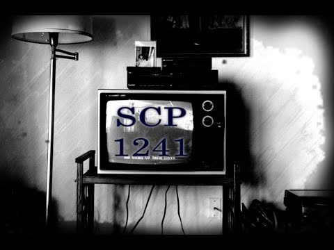 A black and white photo of an old CRT television set on a wooden stand, displaying the text 'SCP 1241' in large blue letters…