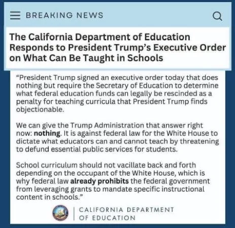 A screenshot of a news article from the California Department of Education, titled 'Responds to President Trump's Executive…