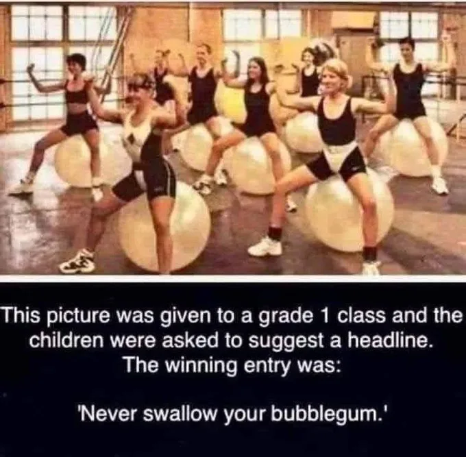 A vintage photo shows a group of women in workout attire performing an exercise on large, white stability balls in a gym…