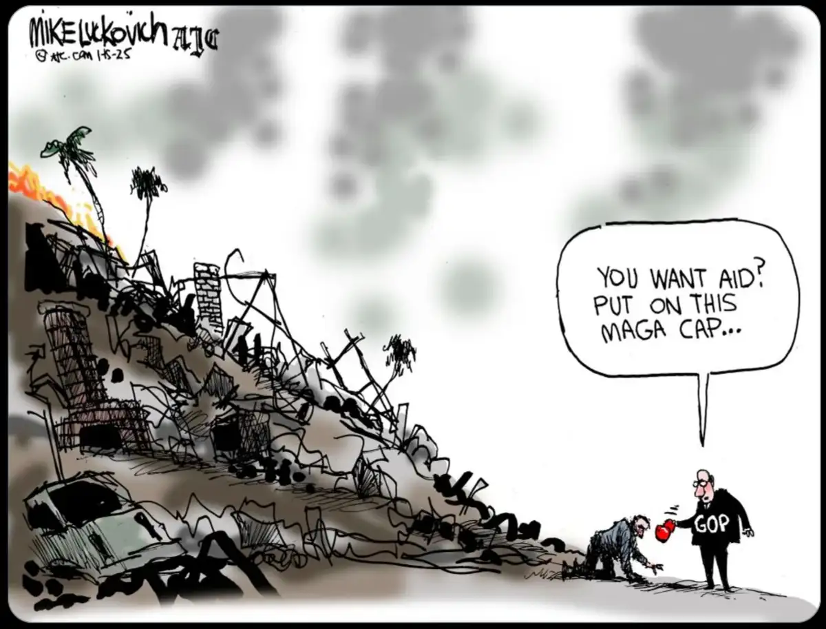 A cartoon depicts a man in a 'GOP' jacket offering a red MAGA cap to a kneeling figure amidst rubble and burning palm trees…