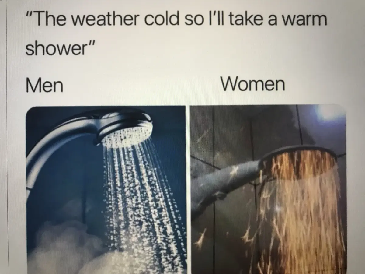 The image displays two side-by-side shower scenes under the text 'The weather cold so I'll take a warm shower'. The left…