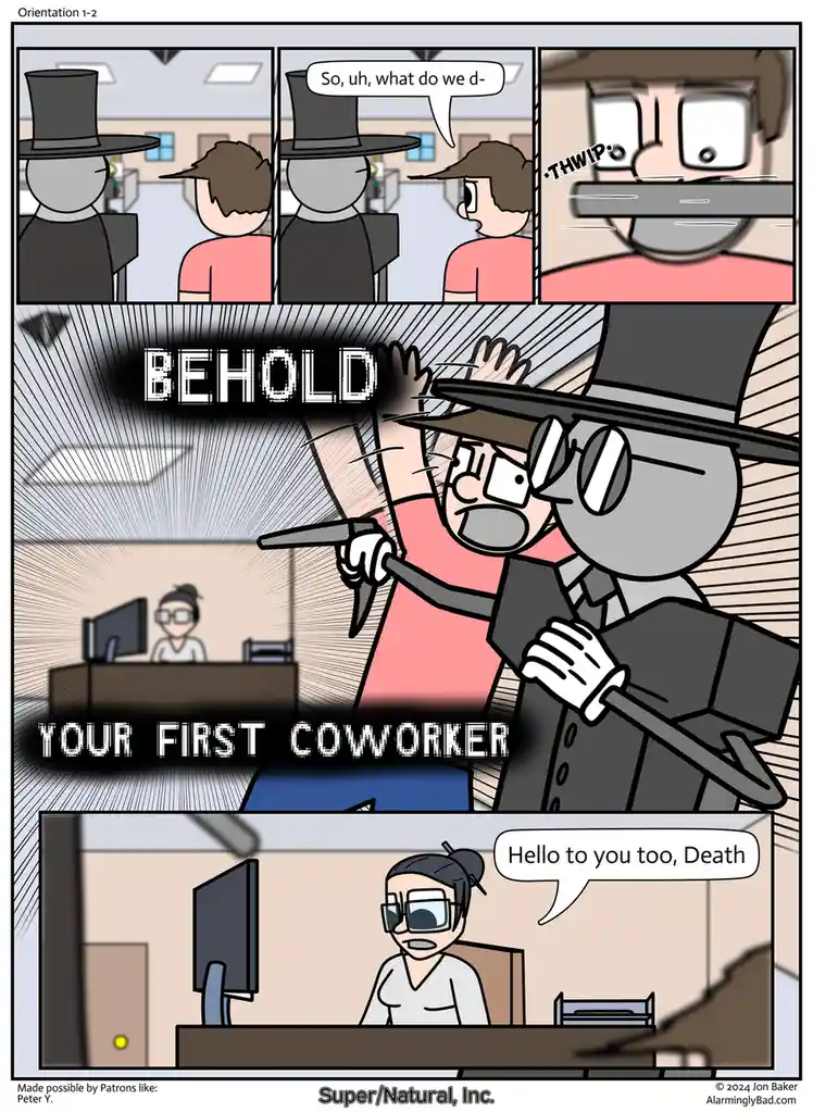 A comic strip shows a new employee nervously asking a coworker what to do, only to be suddenly confronted by a grim reaper…