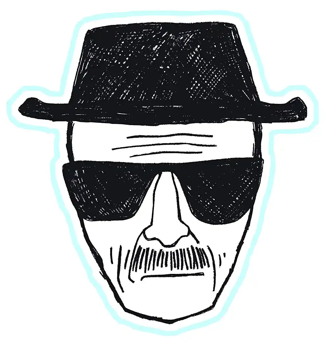 A black-and-white sketch of a man's face wearing a black fedora, dark sunglasses, and a mustache, outlined in light blue…