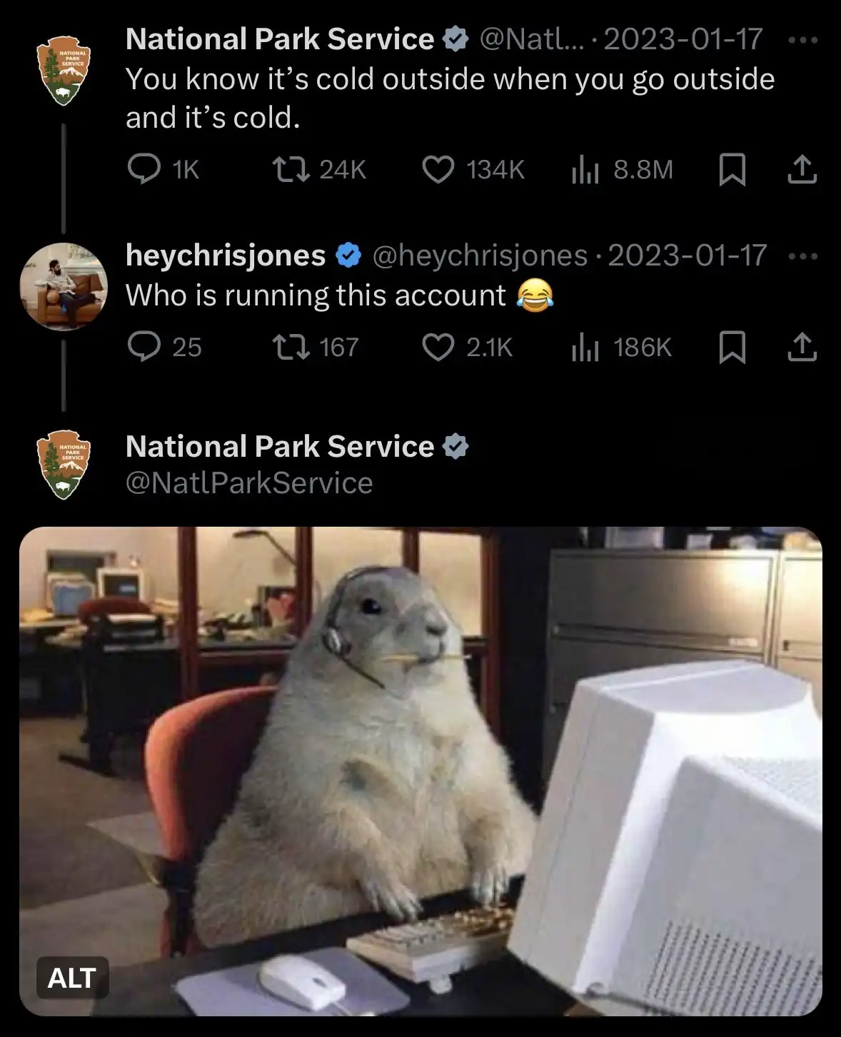A screenshot of a Twitter thread shows the National Park Service posting a self-deprecating tweet about cold weather…