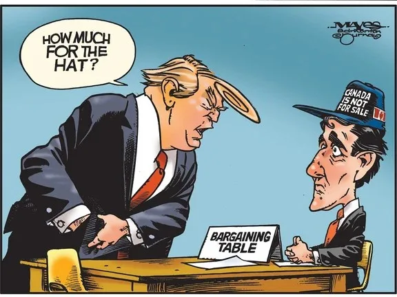 A cartoon depicts a caricature of Donald Trump leaning forward aggressively at a table labeled 'BARGAINING TABLE', asking…